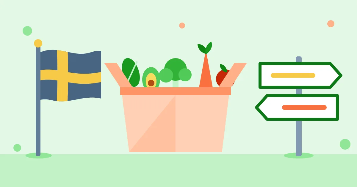 Et flagg med gult kors på blå bunn, en åpen matkasse med grønnsaker og et veiskilt med piler begge veier